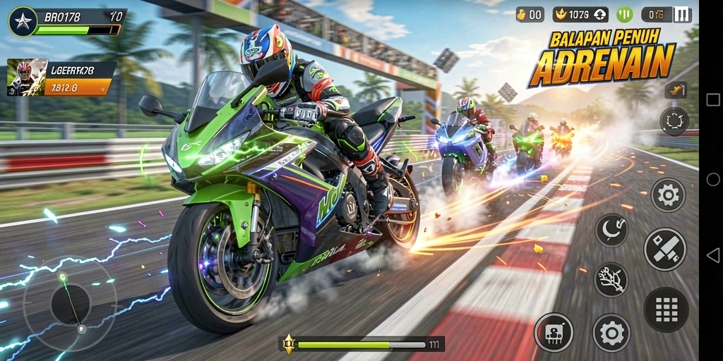 Gameplay seru BRO178 dengan balapan motor yang cepat.