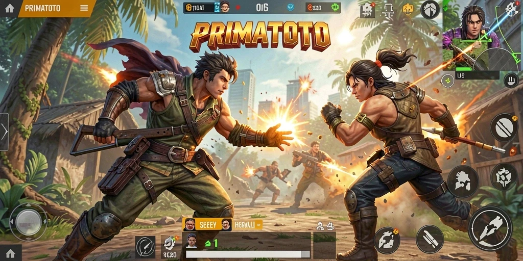 Screenshot PRIMATOTO menampilkan aksi seru dalam pertempuran Battle Royale.
